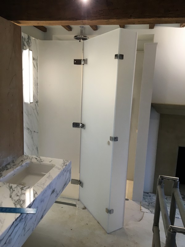 Bespoke frosted glass shower enclosure in Holloway luxury bathroom